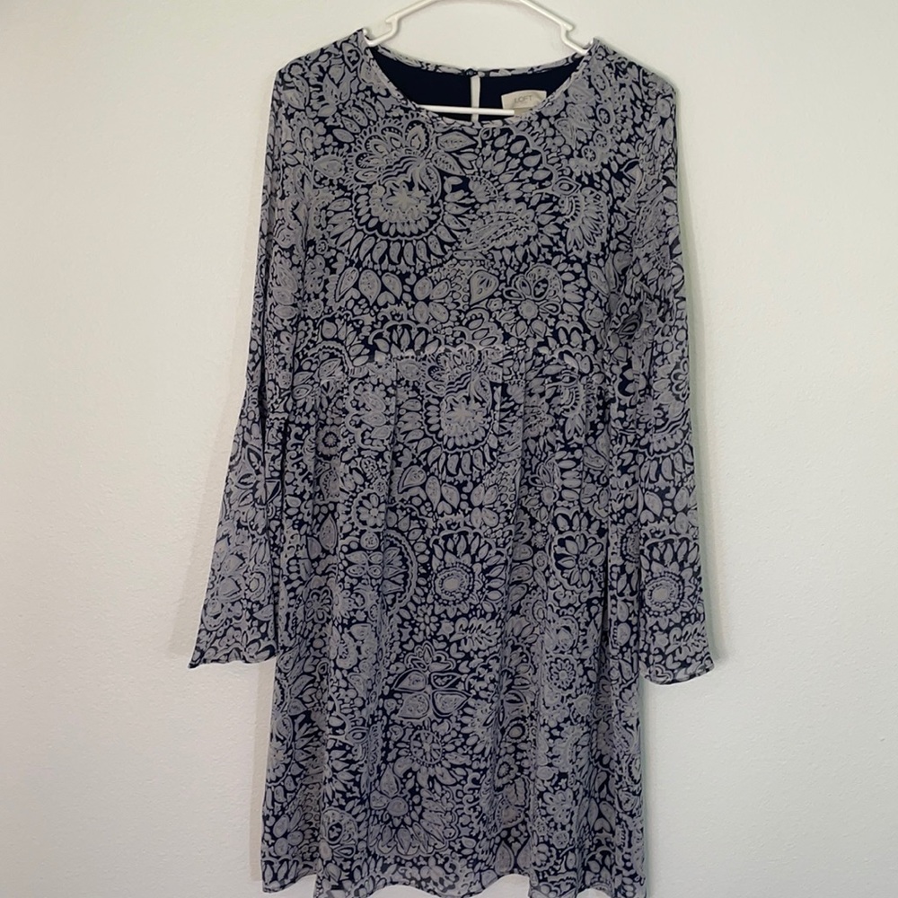 Loft Blue Long Sleeve Dress with Flare Sleeves